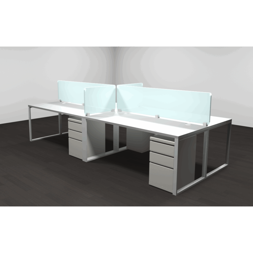 4 Person Open Benching Cubicles with 18″ Frosted Glass Dividers