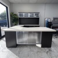Used 8.5' x 6' Global Zira U Desk with Glass Hutch & File Storage - White Chocolate/Asian Night